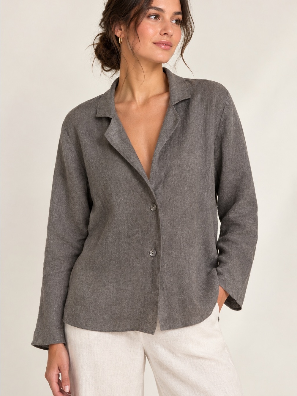 Eileen Fisher 98%linen blazer shirt Charcoal Gray Relaxed Minimalist